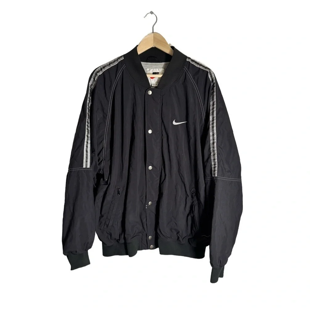 Vintage Nike Men's XL Bomber Jacket Black Striped 90s Y2K Skater Snap Grunge - Picture 1 of 7